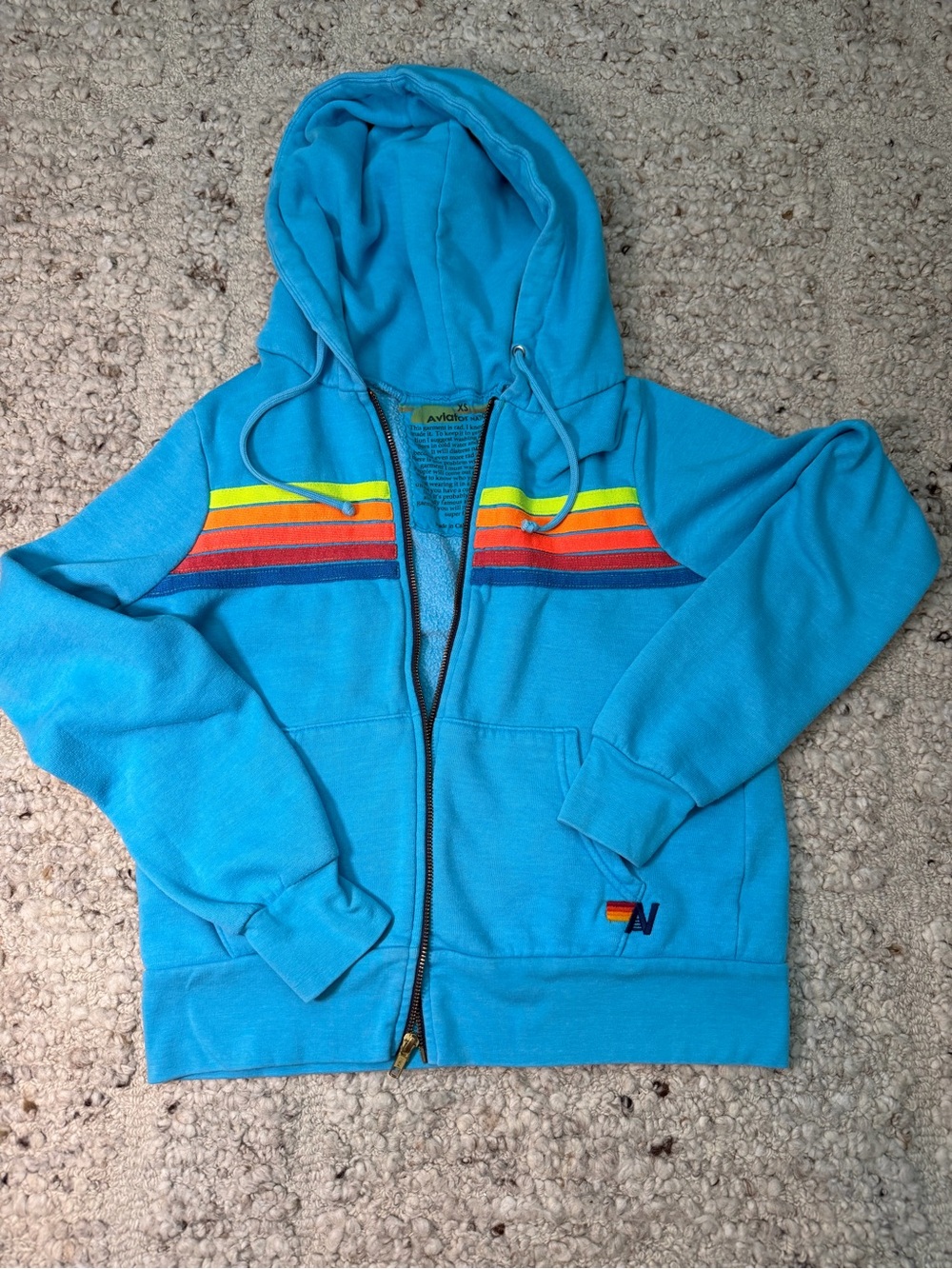 Aviator Nation Bright Turquoise Zip Hoodie with Rainbow Stripes